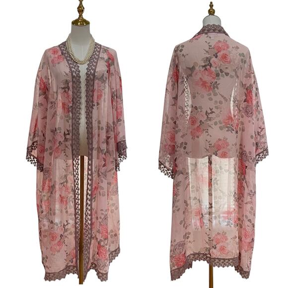 Lularoe Blush Peach Floral Chiffon Lace Trim Duster Kimono Robe Women’s size XL - Picture 1 of 5